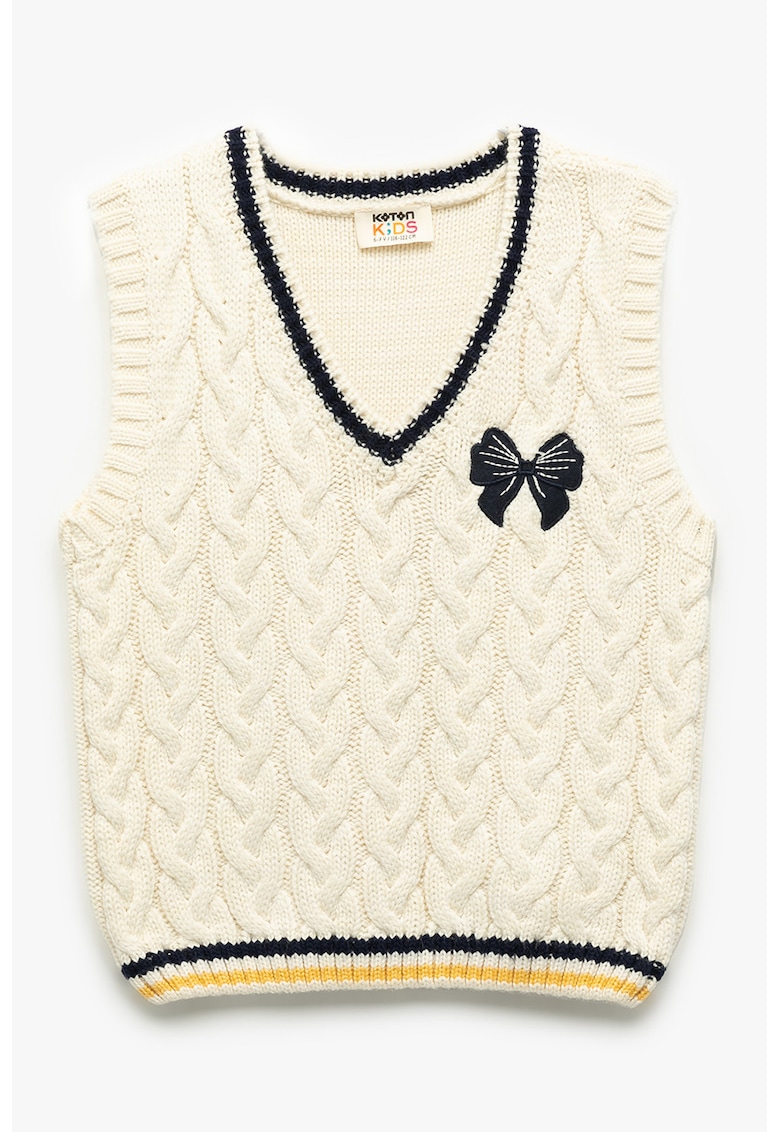 Vesta tricotata cu decolteu in V si funda - Negru/Alb murdar