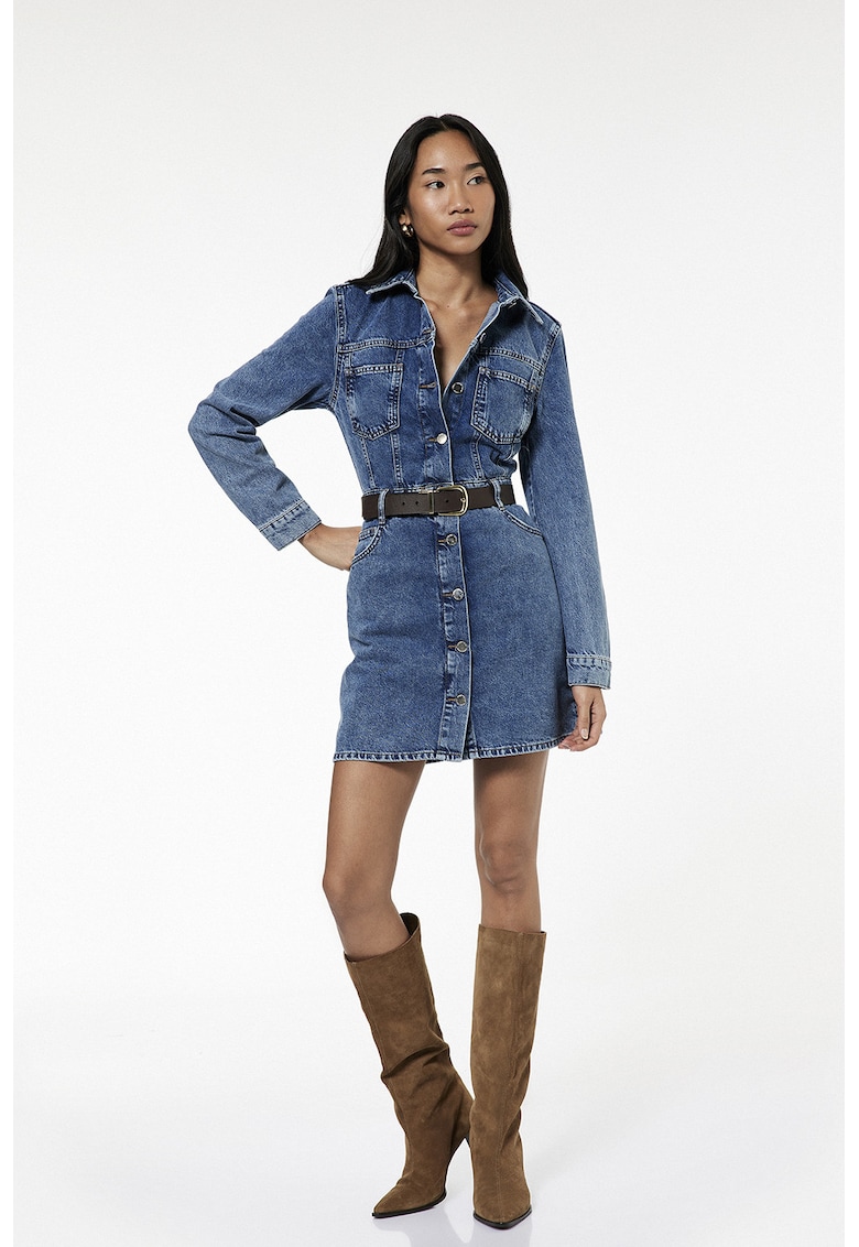 Rochie-camasa scurta din denim cu maneci lungi