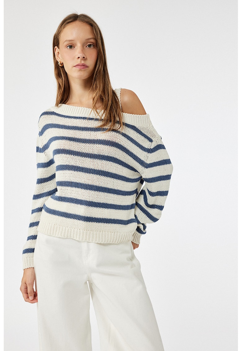 Pulover tricotat cu decolteu pe un umar si model in dungi