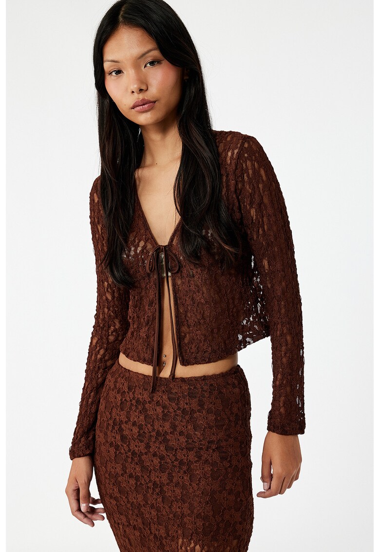 Cardigan crop din dantela - Maro cognac