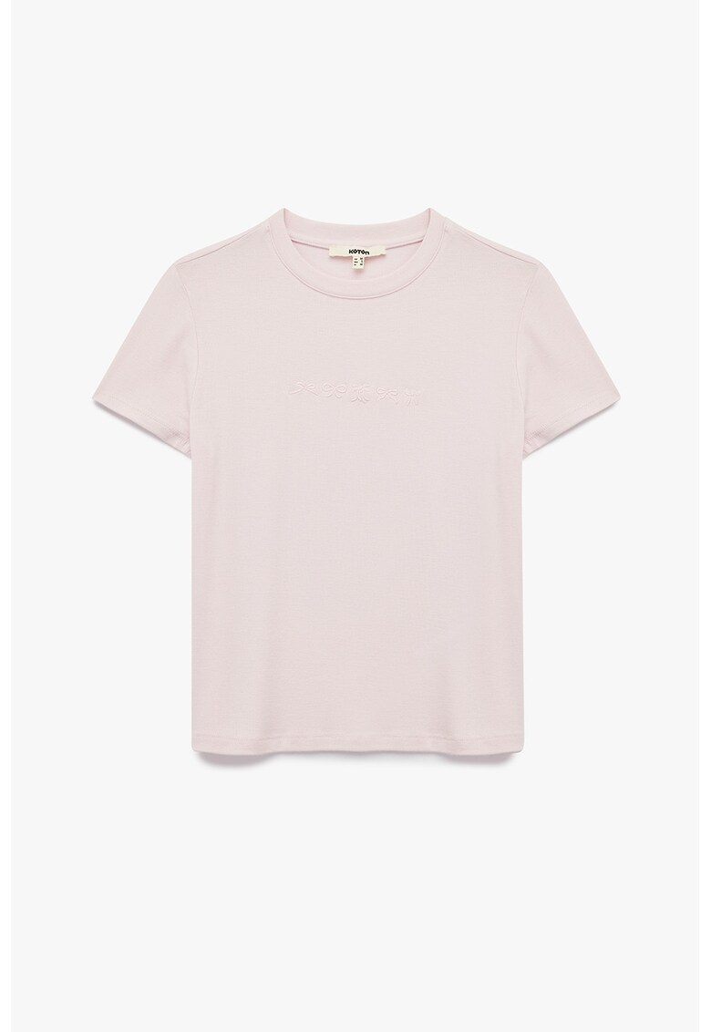 Tricou cu broderie si decolteu la baza gatului - Roz pal