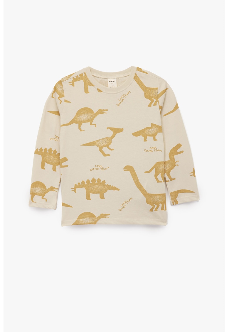 Bluza cu decolteu la baza gatului si model cu dinozaur - Portocaliu/Bej inchis