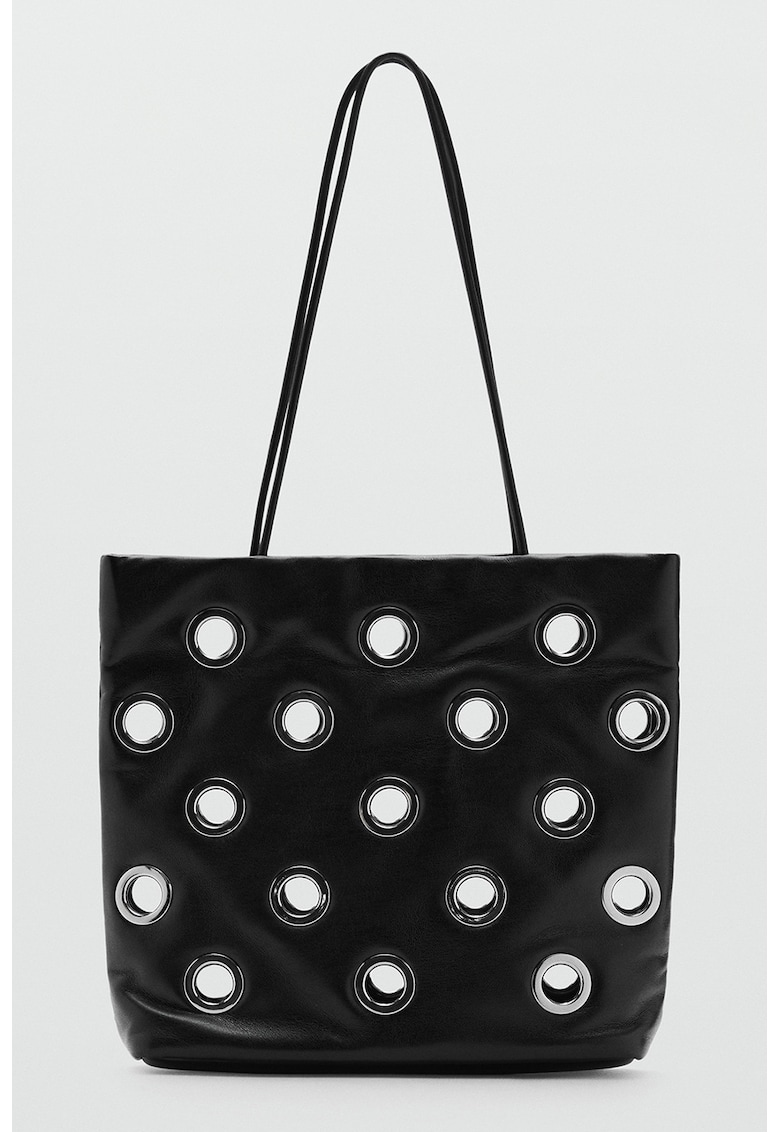 Geanta tote de piele ecologica cu decupaje metalice - Negru/Argintiu