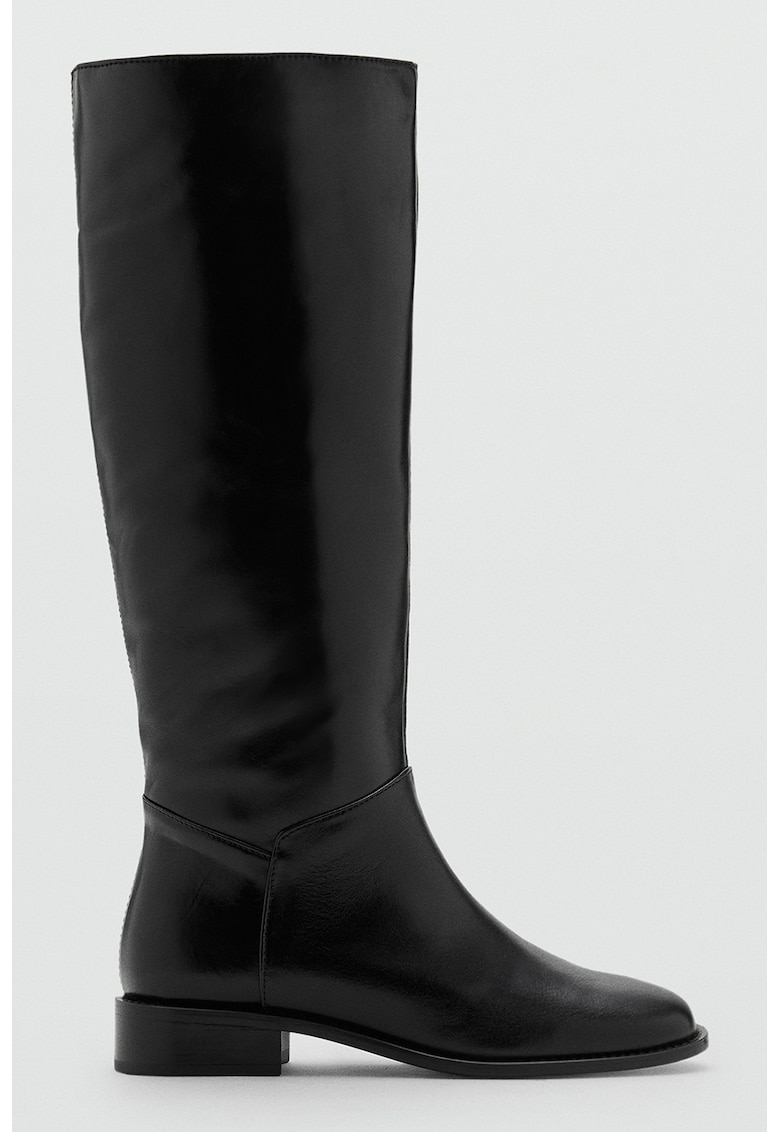 Cizme lungi de piele cu varf patrat - Negru