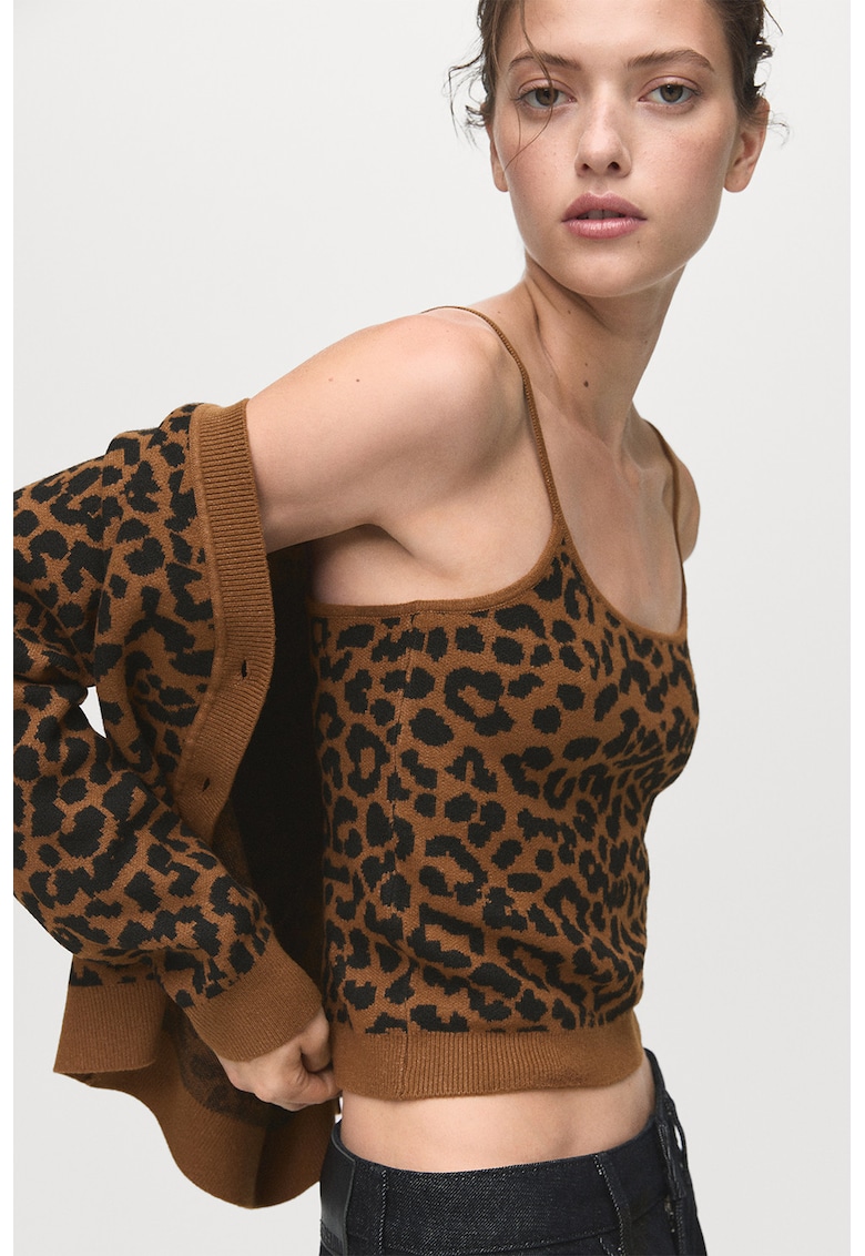 Top crop cu animal print si decolteu rotund - Negru/Maro scortisoara