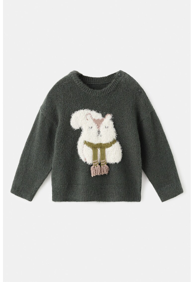 Pulover cu decolteu rotund si imprimeu - Alb/Verde masliniu/Gri inchis