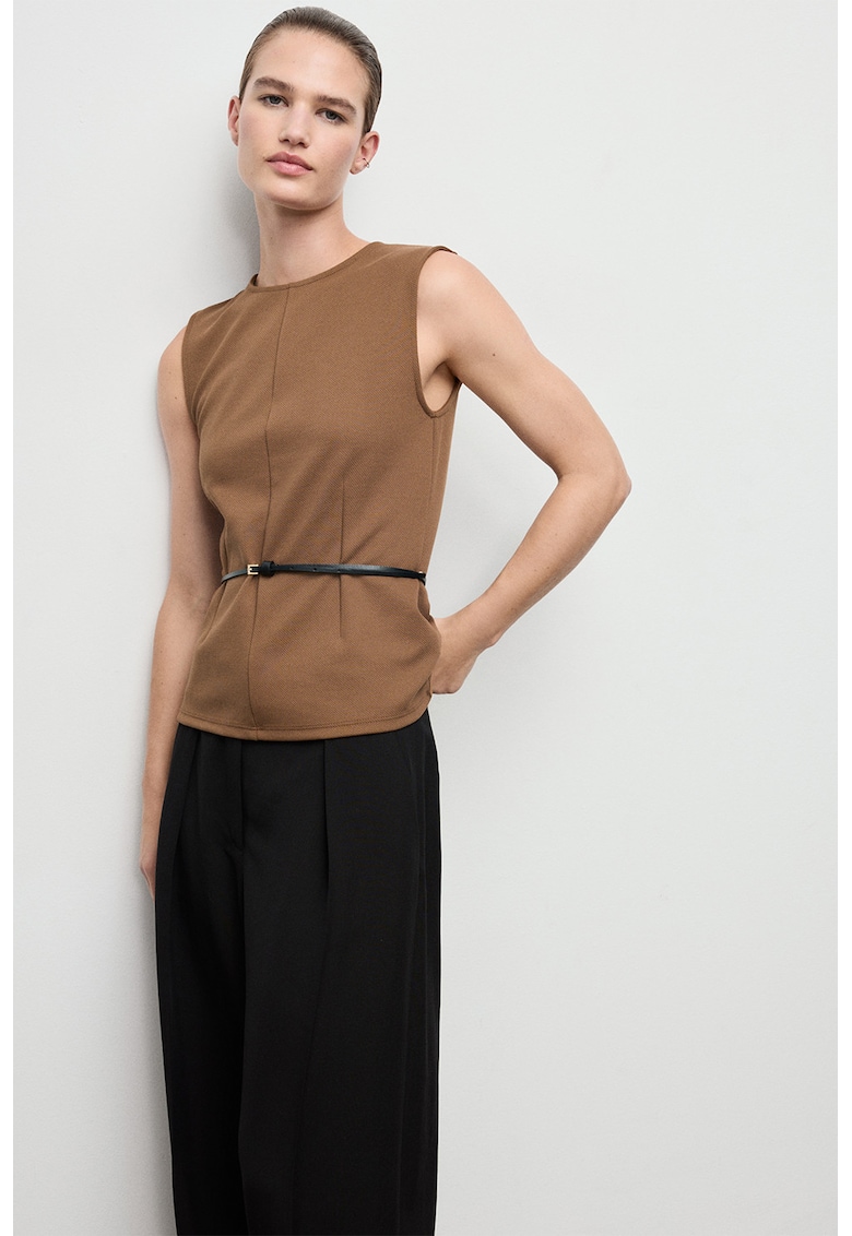 Bluza cambrata cu decolteu rotund - Caramel