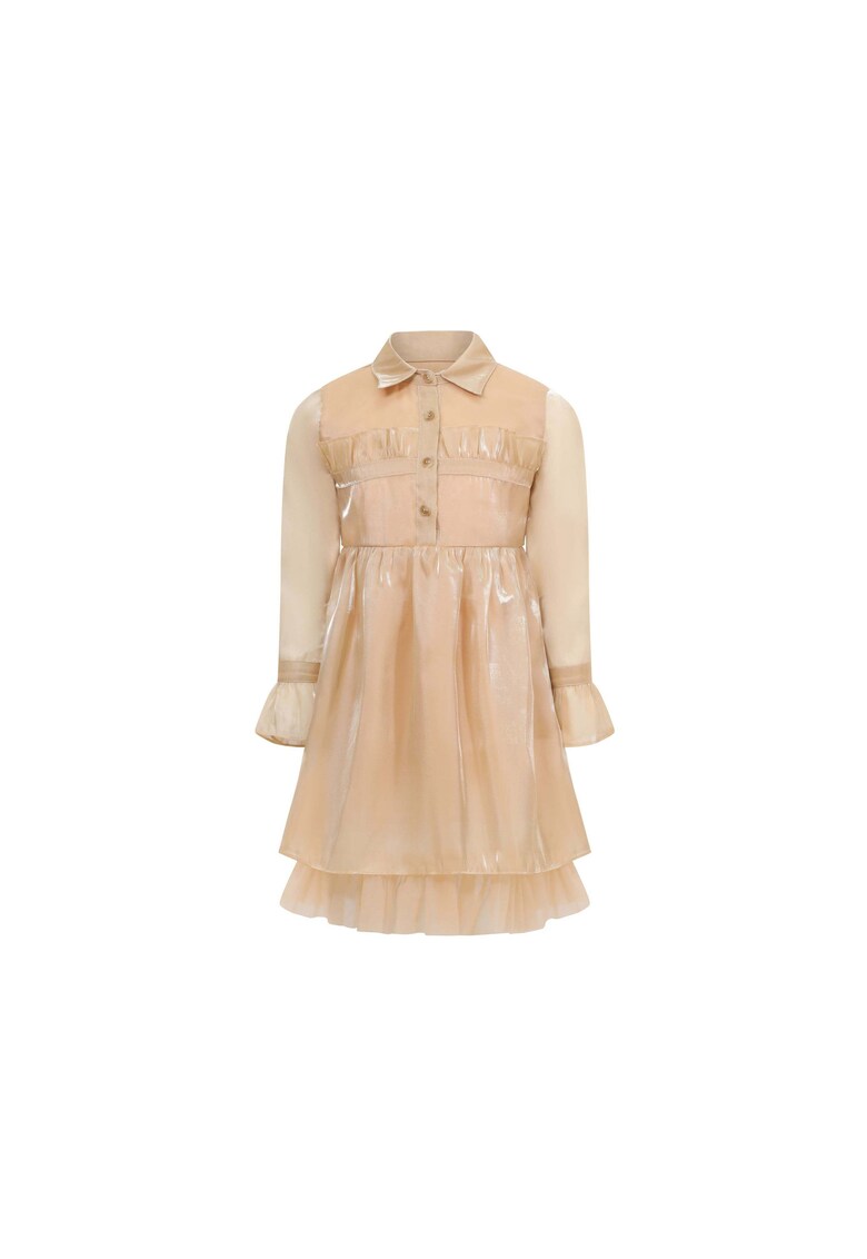 Rochie stratificata cu maneci lungi si fenta cu nasturi - Auriu