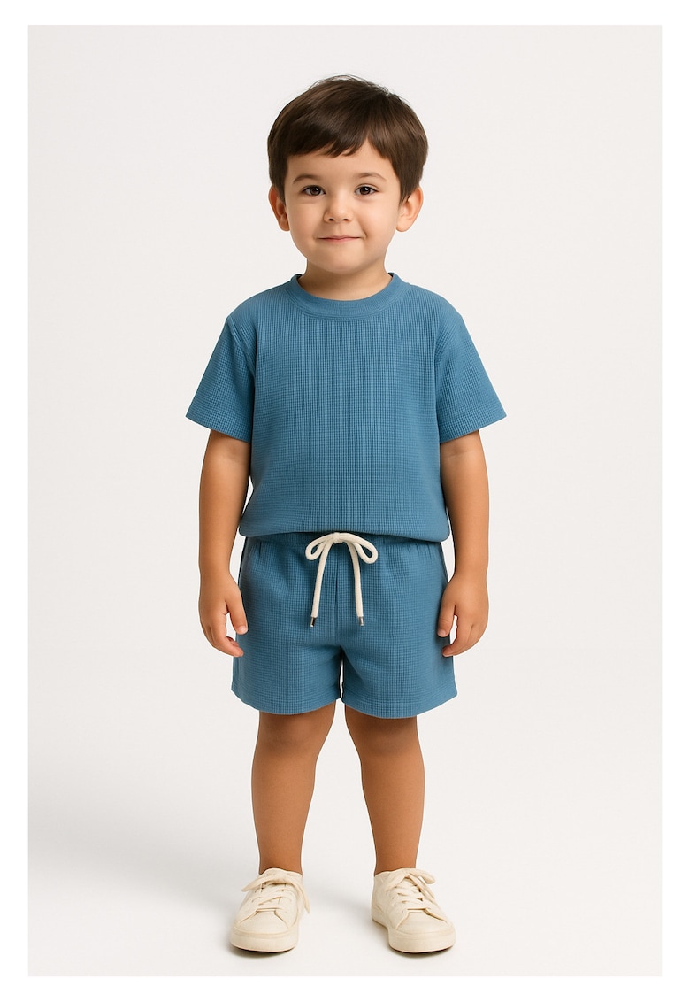 Set de tricou uni si pantaloni scurti cu snur - 2 piese - Albastru