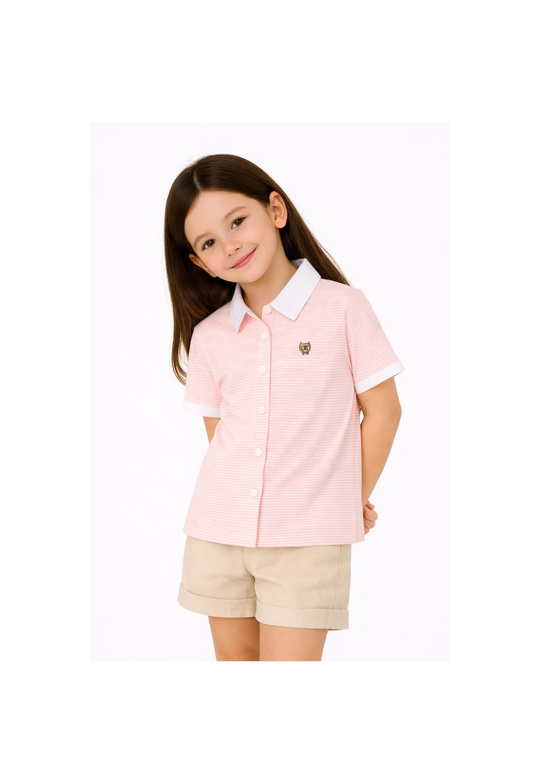 Camasa cu maneci scurte - dungi si guler clasic - Roz