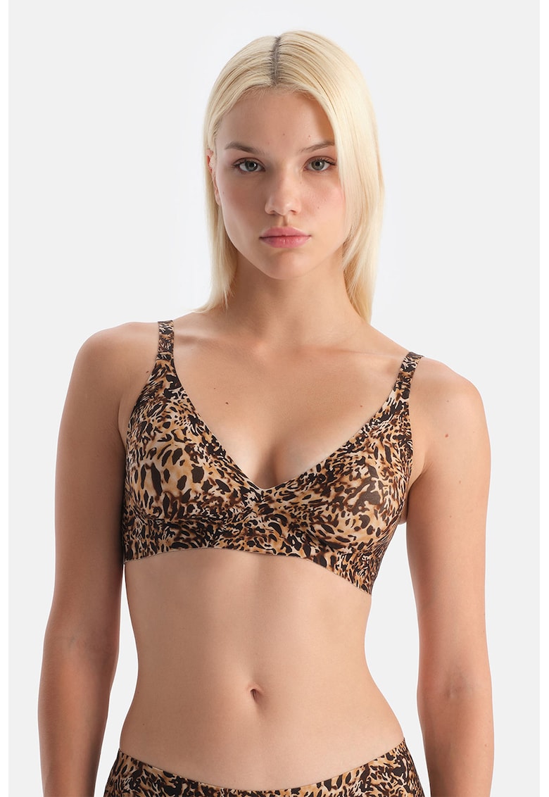 Sutien fara sustinere metalica cu animal print - Negru stins/Portocaliu pal/Bej deschis