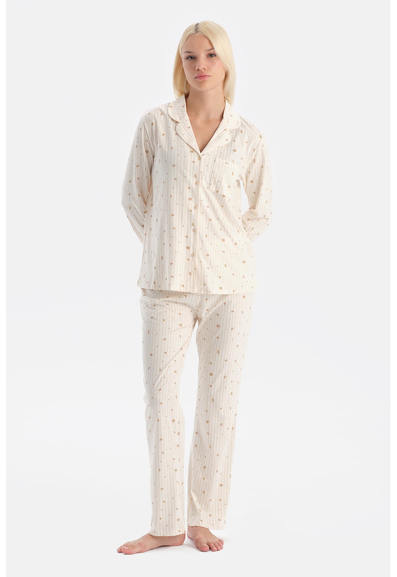 Pijama cu nasturi si dungi - Alb/Bej