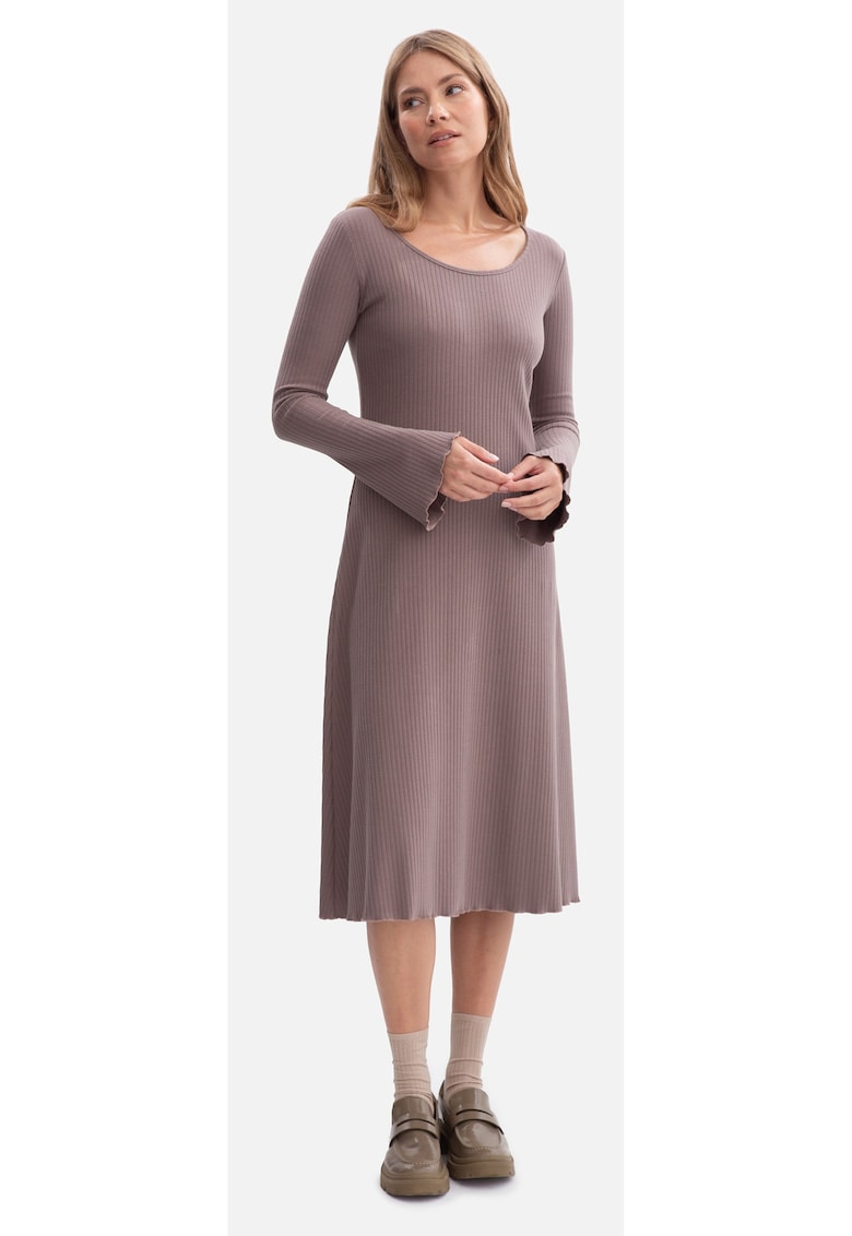 Rochie midi - B308 Cacao tricot cu dungi - casual - decolteu rotund - necaptusita - fara buzunare - maneci lungi - usor evazata in partea de jos - fara inchizatoare