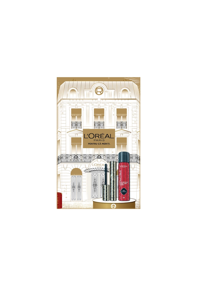 Set cadou machiaj : Spray de fixare rezistent la transfer Infaillible 3-Second Setting Mist - 75 ml + Mascara pentru volum Panorama - nuanta Black - 9.9 ml