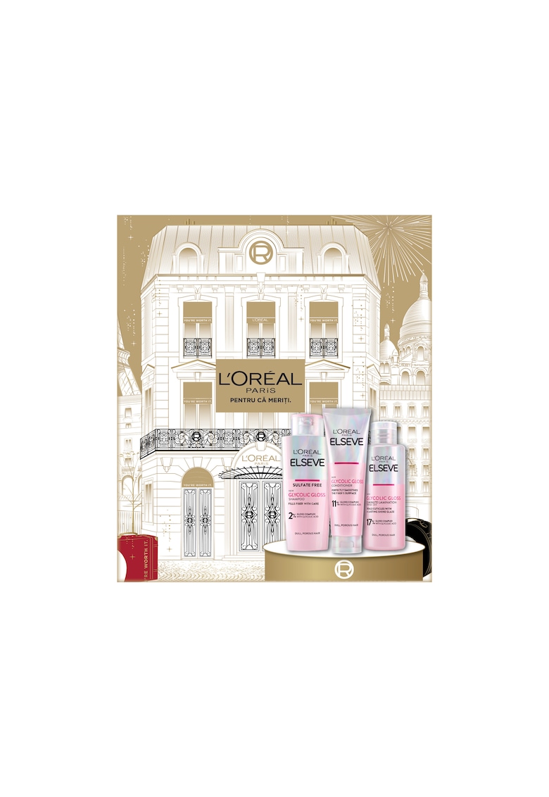 Set cadou ingrijire par Elseve Glycolic Gloss: Sampon - 200 ml + Balsam 150 ml + Crema-tratament - 200 ml