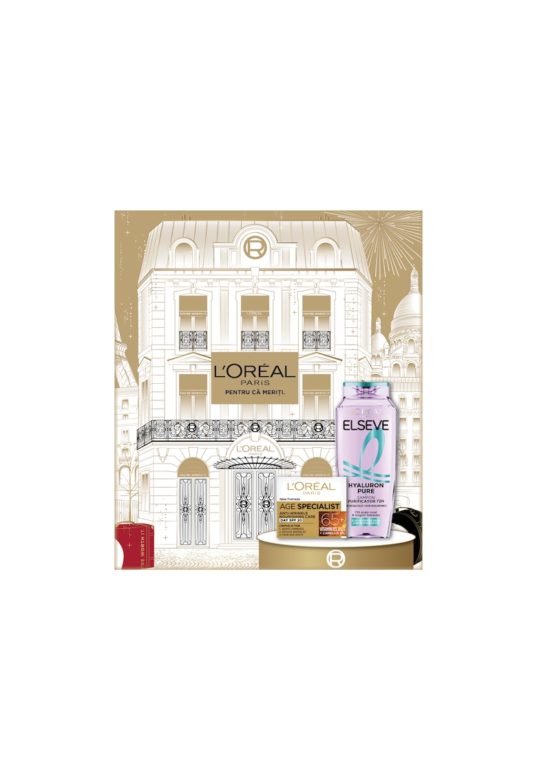 Set cadou ingrijire ten si corp : Crema antirid hranitoare de zi Age Specialist 65+ - 50 ml + Sampon purificator Elseve Hyaluron Pure pentru scalp si radacini grase si lungimi deshidratate - 400 ml