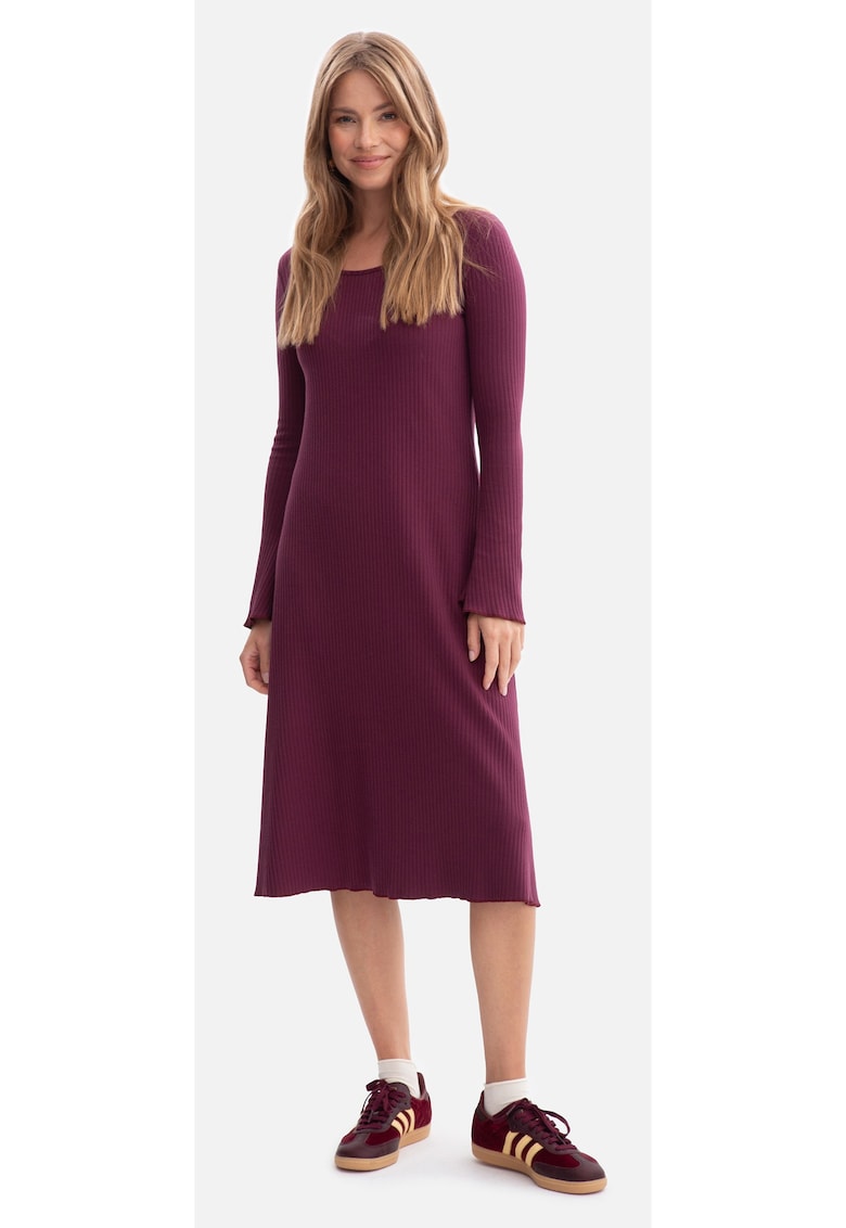 Rochie midi - B308 Pruna tricot cu dungi - casual - decolteu rotund - necaptusita - fara buzunare - maneci lungi - usor evazata in partea de jos - fara inchizatoare