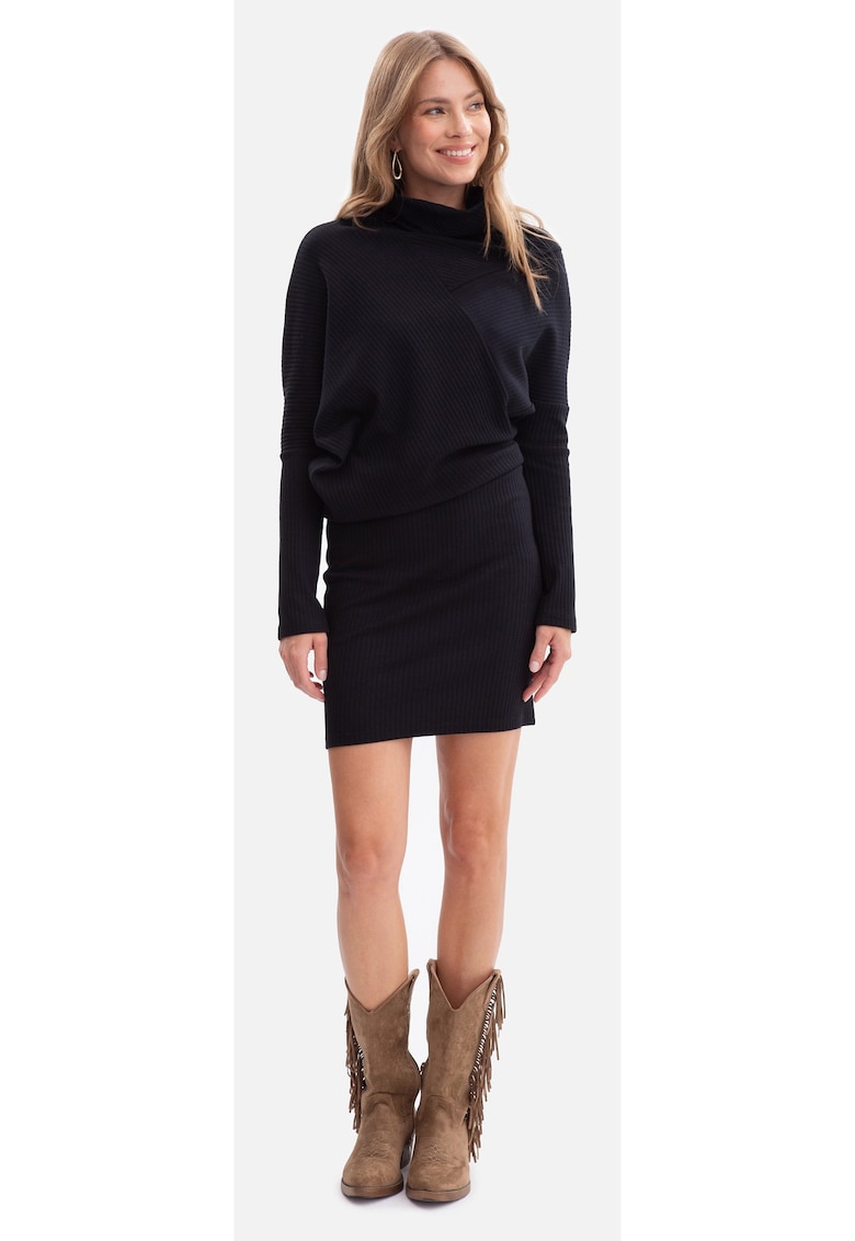 Rochie mini - B309 negru tricot - fara inchizatoare - top lejer - baza mulata - talie inalta - maneci lungi - cu guler
