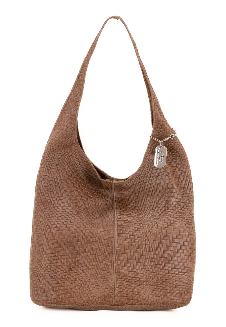 Geanta de piele cu accesoriu logo si bareta de umar - Maro deschis