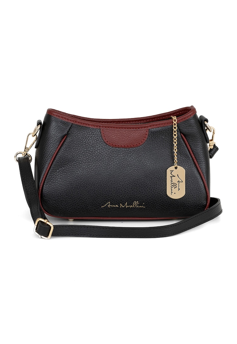 Geanta crossbody de piele cu garnituri contrastanta - Visiniu/Gri carbune