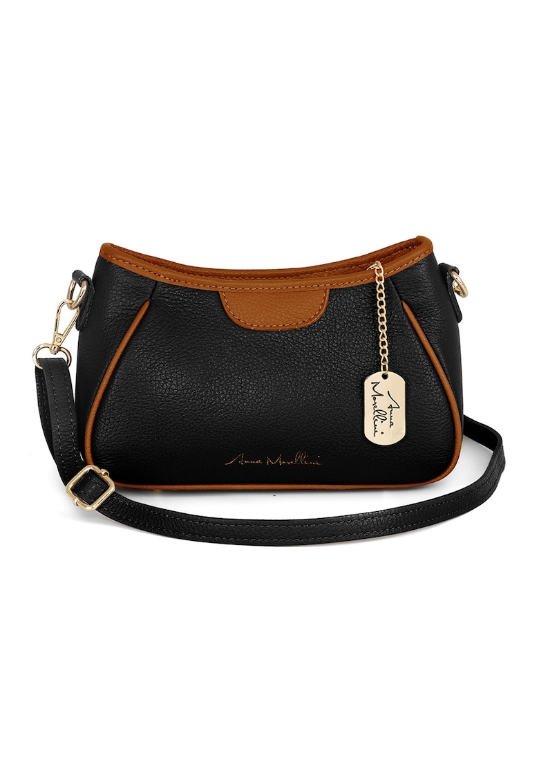 Geanta crossbody de piele cu garnituri contrastanta - Negru/Maro scortisoara