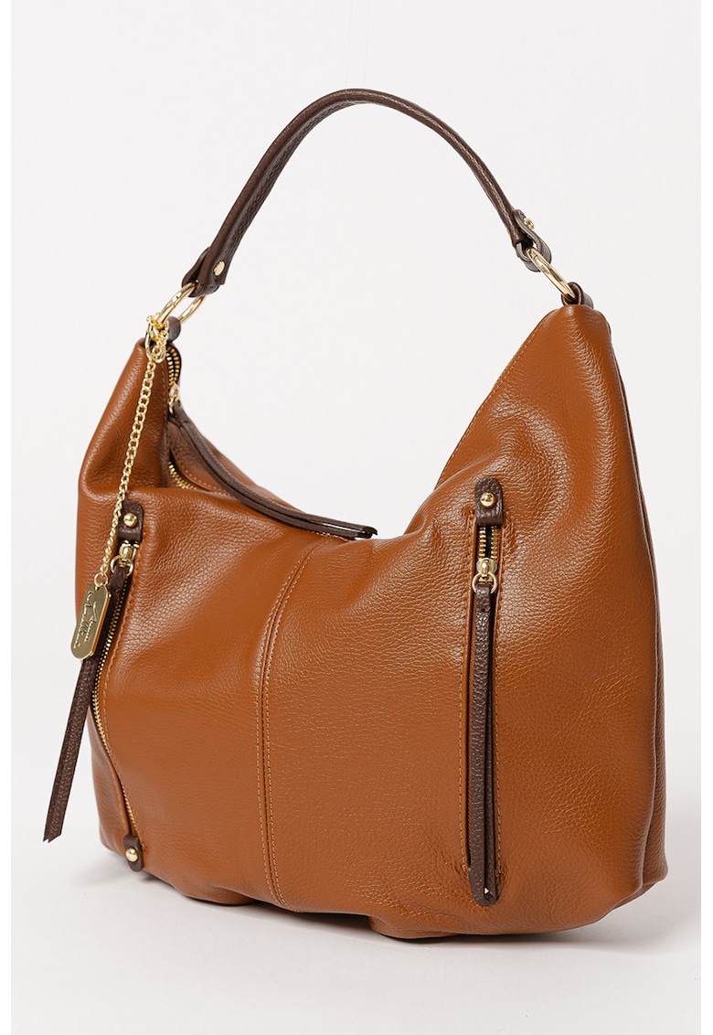 Geanta de piele cu bareta de umar si accesoriu logo