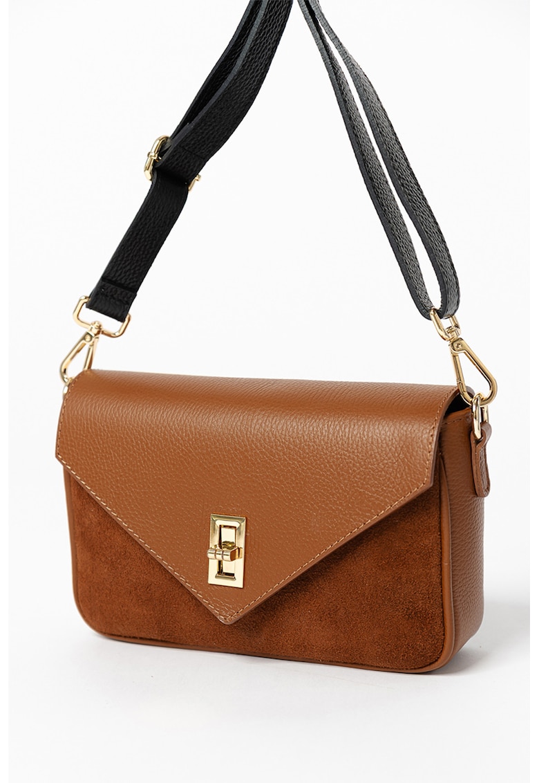 Geanta crossbody de piele cu clapa - Negru/Maro scortisoara