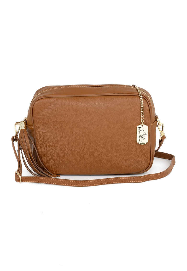 Geanta crossbody de piele cu bareta detasabila - Maro scortisoara
