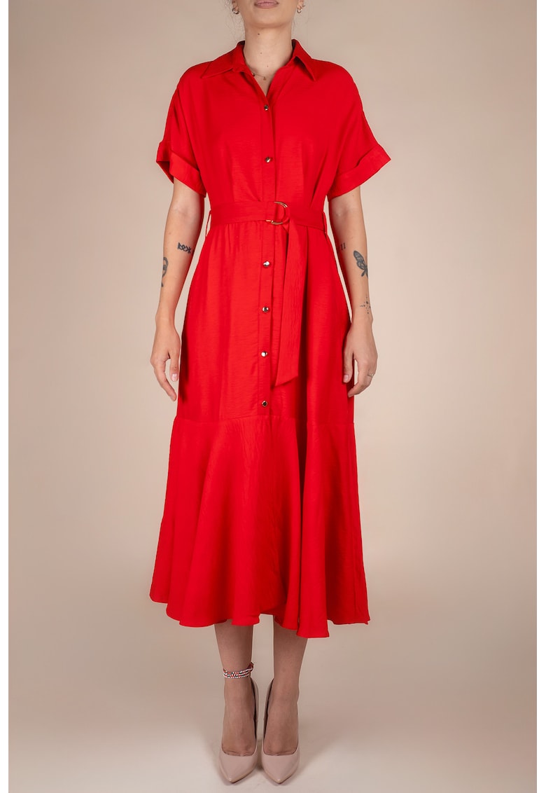 Rochie-camasa midi cu volane si cordon in talie