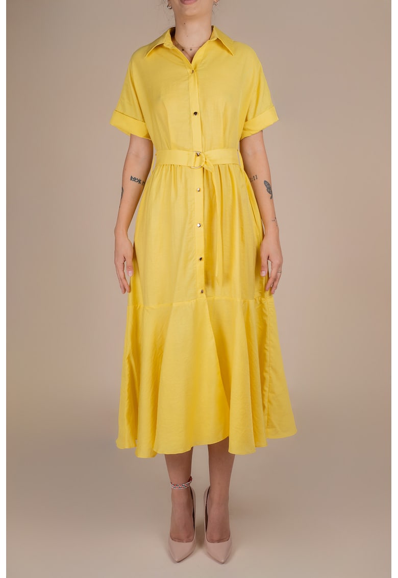 Rochie-camasa midi cu volane si cordon in talie