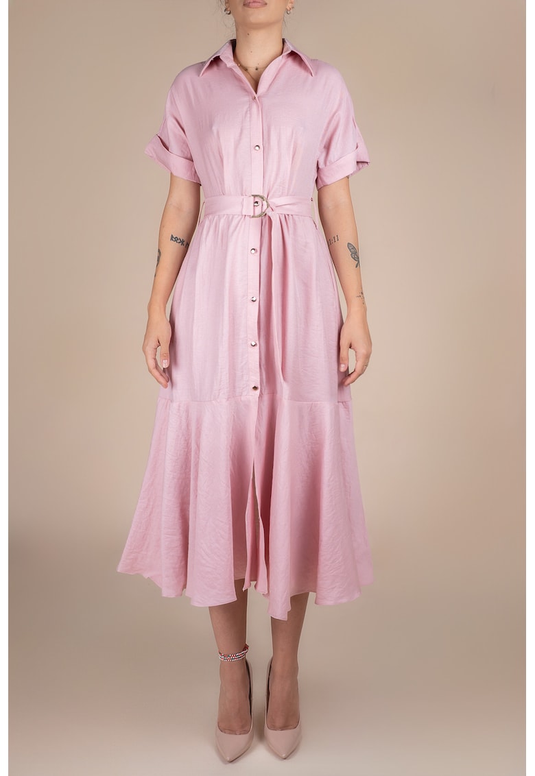 Rochie-camasa midi cu volane si cordon in talie