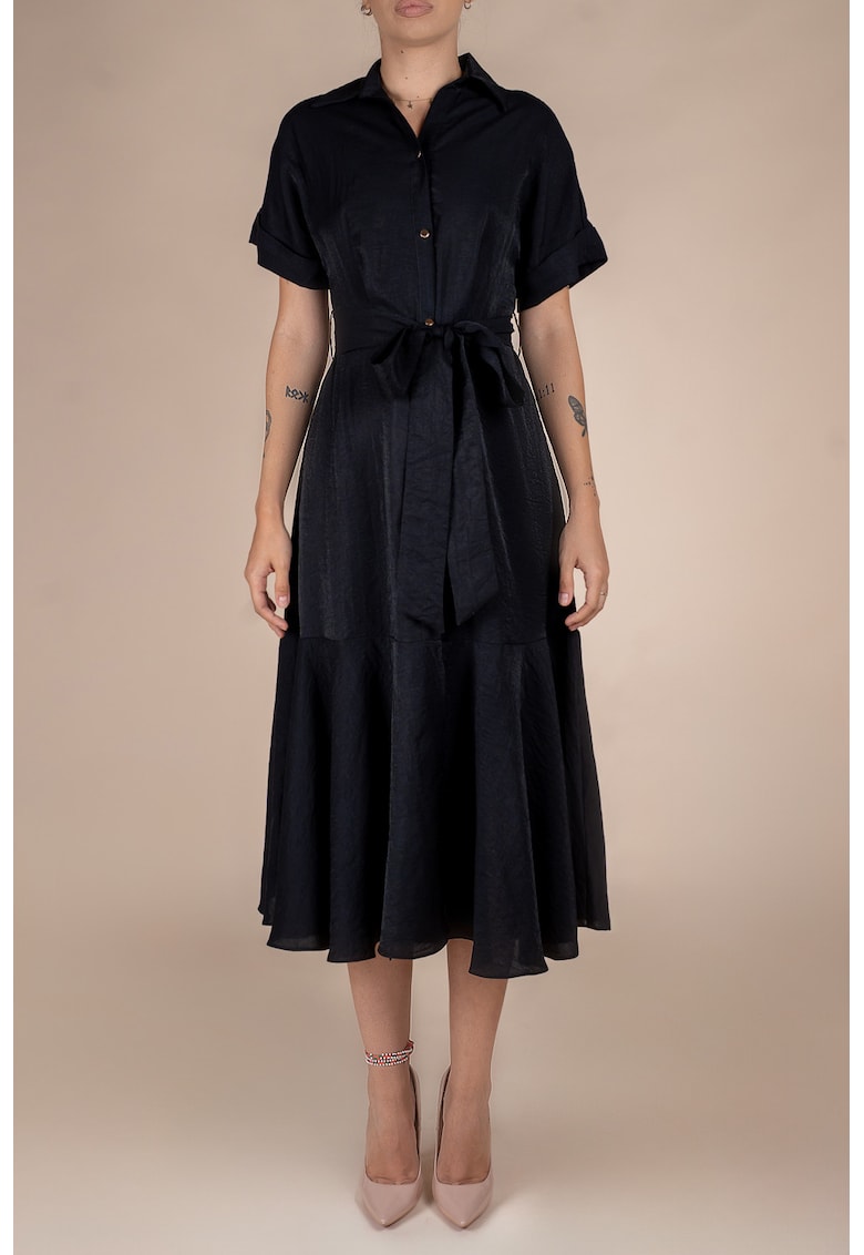 Rochie-camasa midi cu volane si cordon in talie Rochie-camasa midi cu volane si cordon in talie