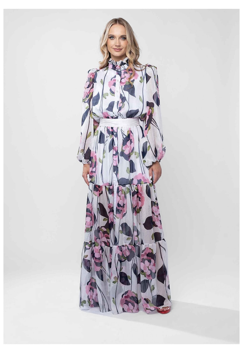 Rochie lunga cu guler inalt si imprimeu floral pictural Rochie lunga cu guler inalt si imprimeu floral pictural
