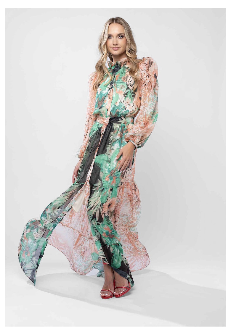 Rochie lunga din voal cu imprimeu tropical