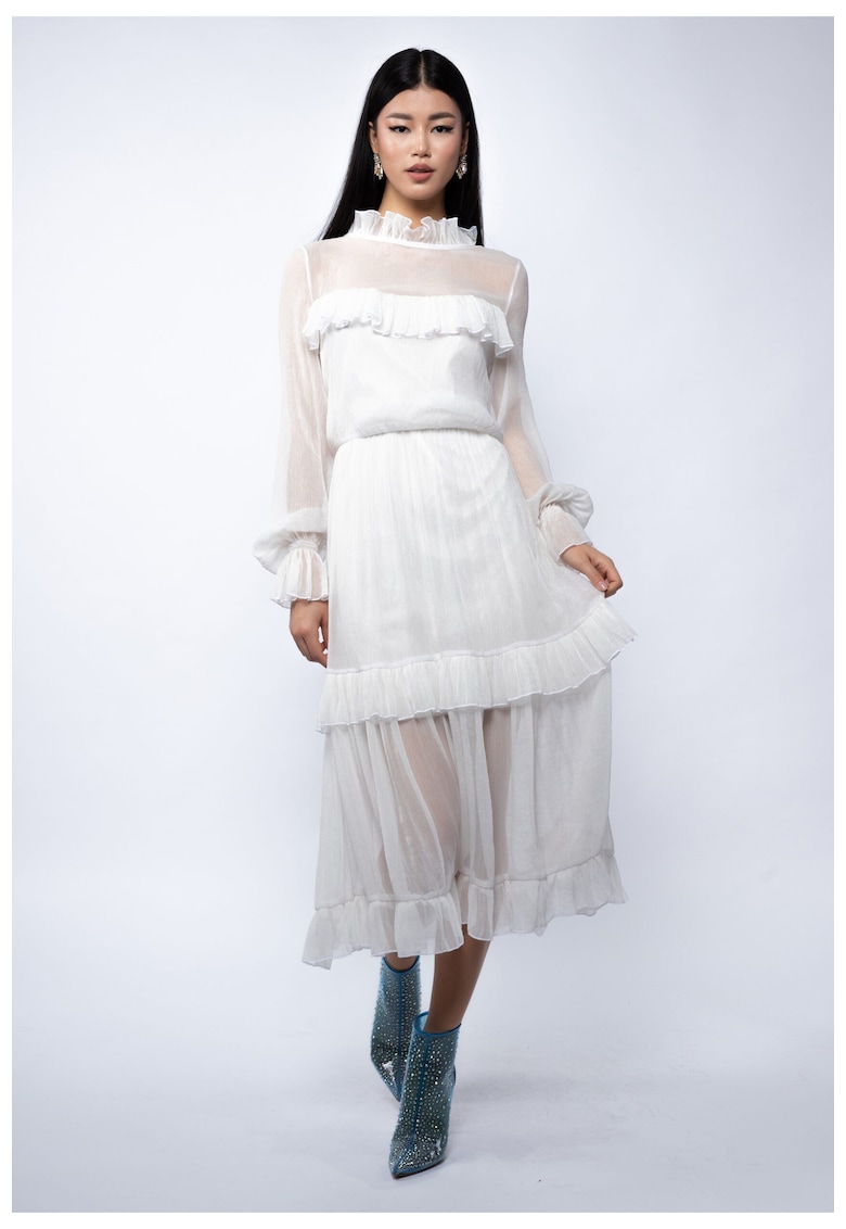 Rochie midi din voal de matase peliculizata cu volane delicate