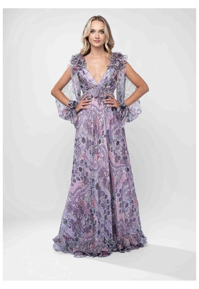 Rochie lunga din voal de matase cu imprimeu si volane dramatice