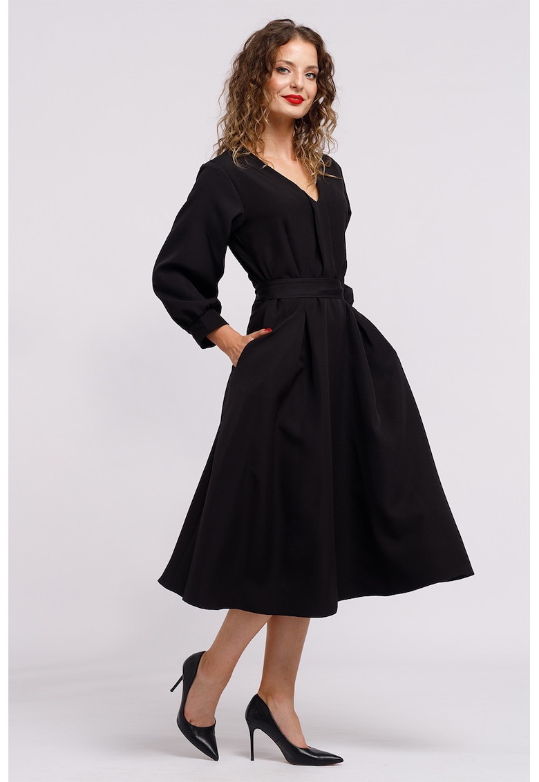 Rochie midi cu croiala in A si buzunare