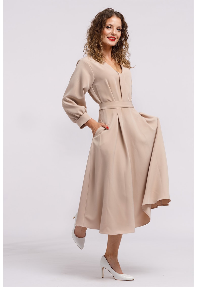 Rochie midi cu croiala in A si buzunare