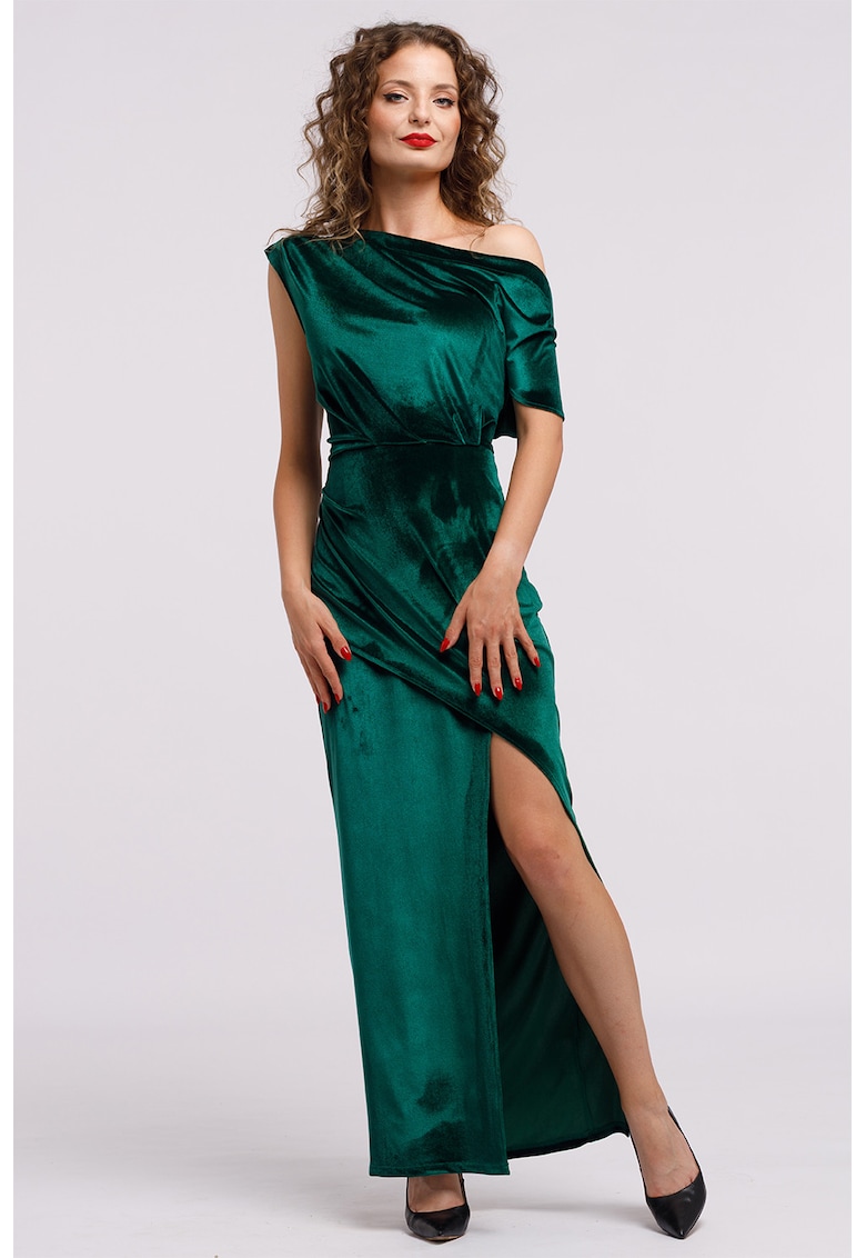 Rochie maxi catifelata cu decolteu pe un umar si slit frontal