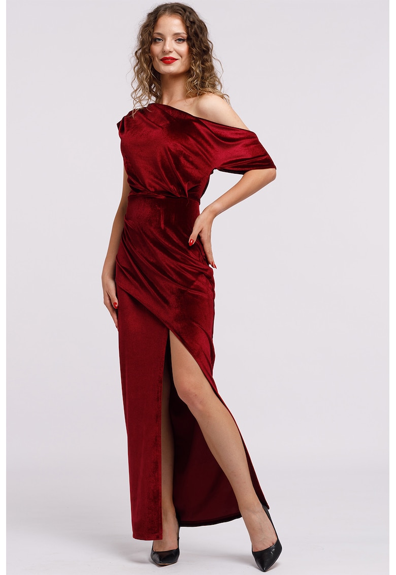 Rochie maxi catifelata cu decolteu pe un umar si slit frontal