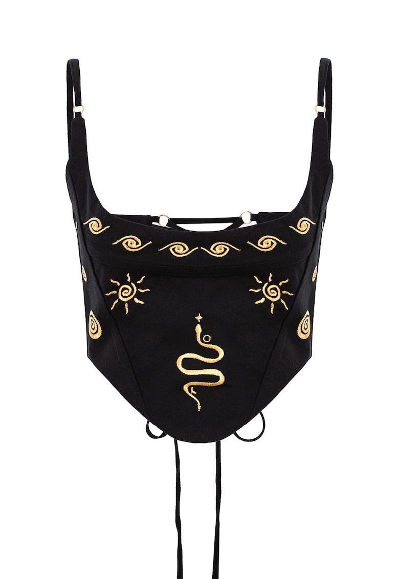 Top crop brodat - Negru/Bej