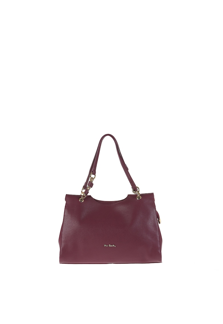 Geanta de piele cu bareta de umar si buzunar exterior cu fermoar - Visiniu