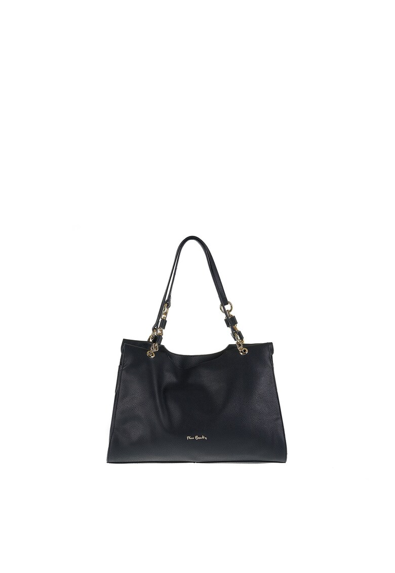 Geanta de piele cu bareta de umar si buzunar exterior cu fermoar - Negru