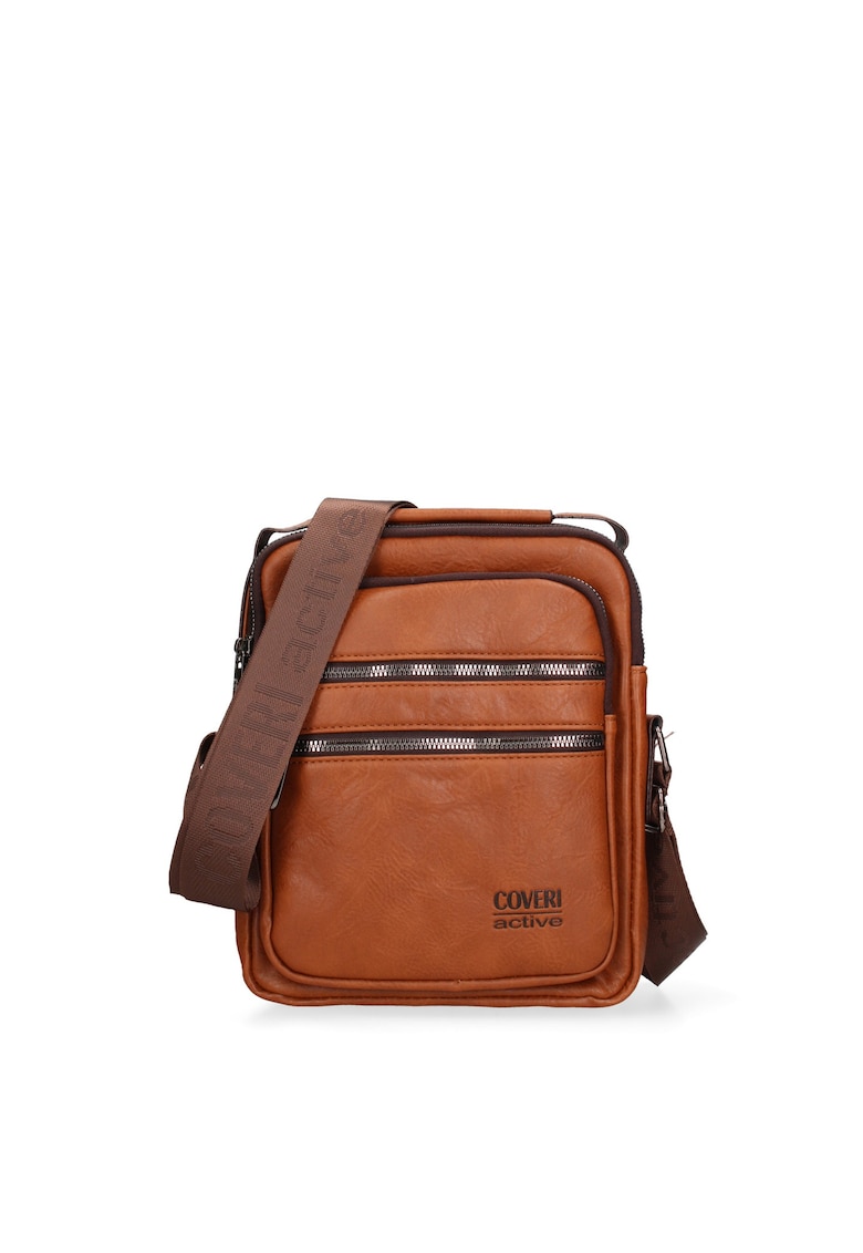 Geanta crossbody din piele ecologica cu buzunare cu fermoar - Maro scortisoara