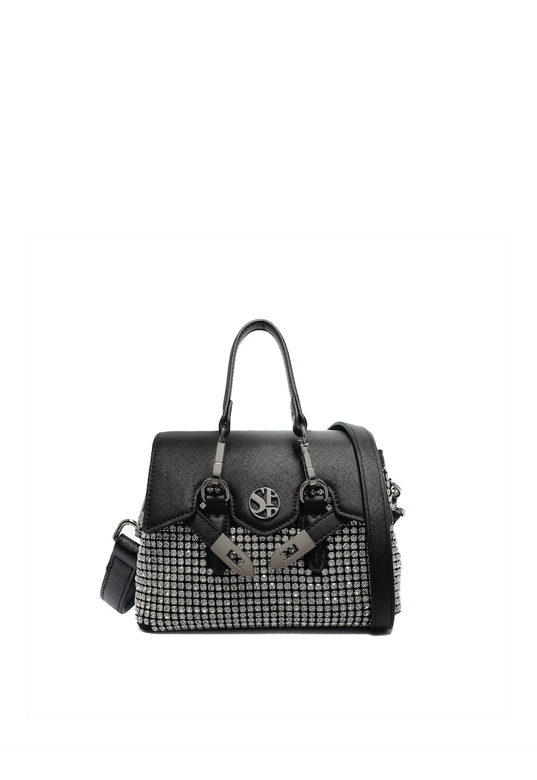 SECRET PON PON - Geanta din piele ecologica cu bareta de umar si aplicatie cu strasuri - Negru