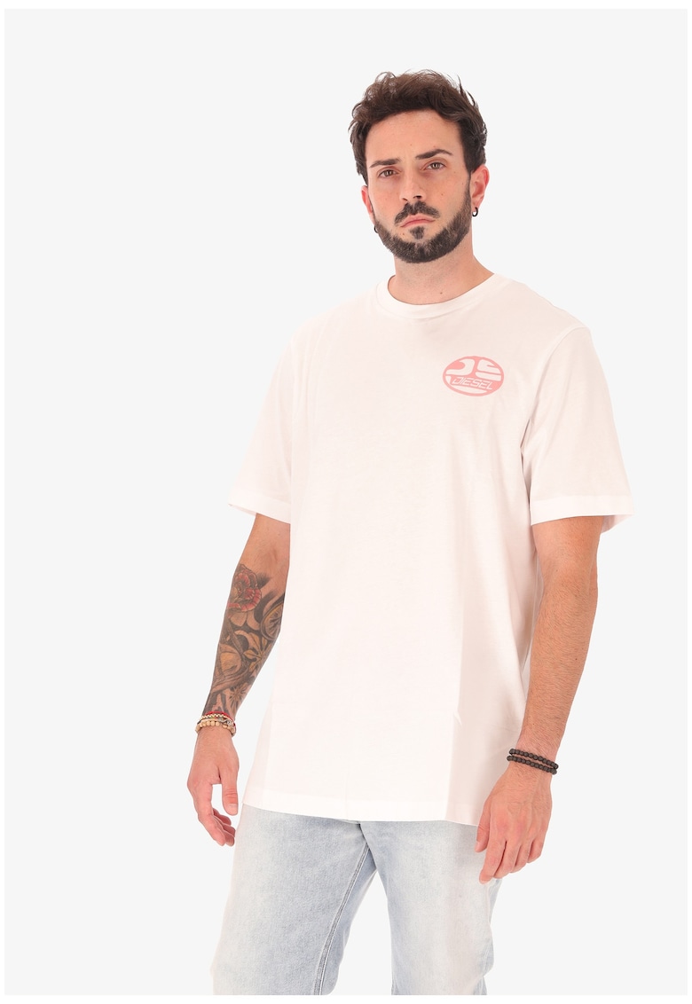 Tricou cu decolteu la baza gatului si imprimeu logo - Alb