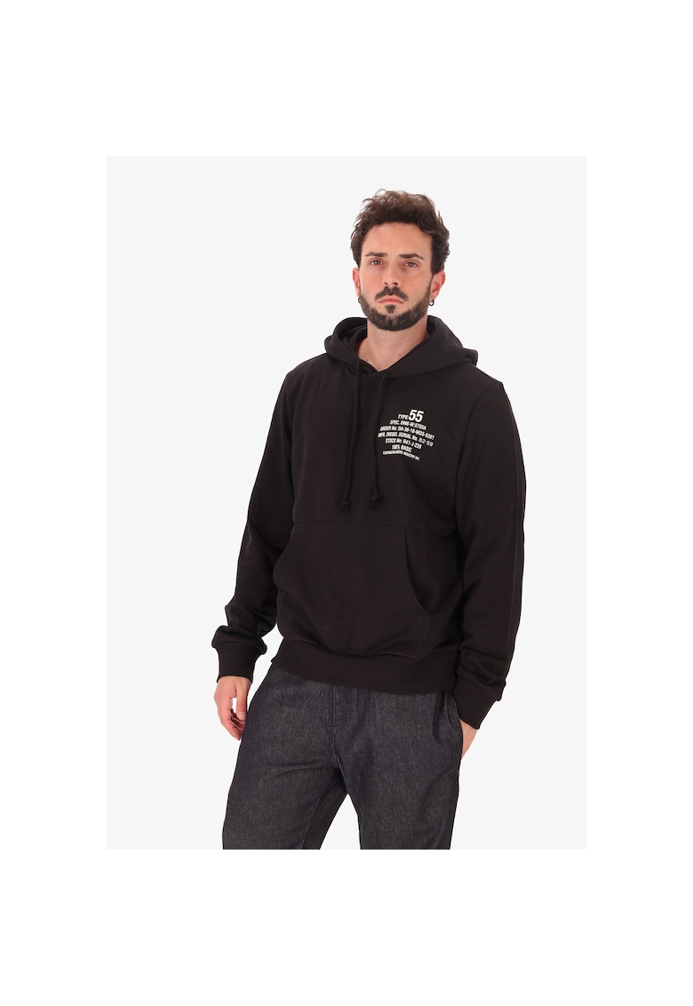 Hanorac cu snur - imprimeu text si buzunar kangaroo - Negru