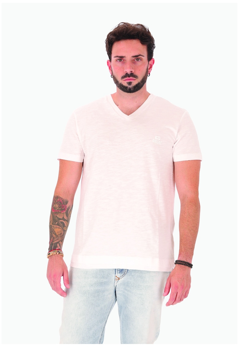 Tricou de bumbac cu decolteu in V - Alb