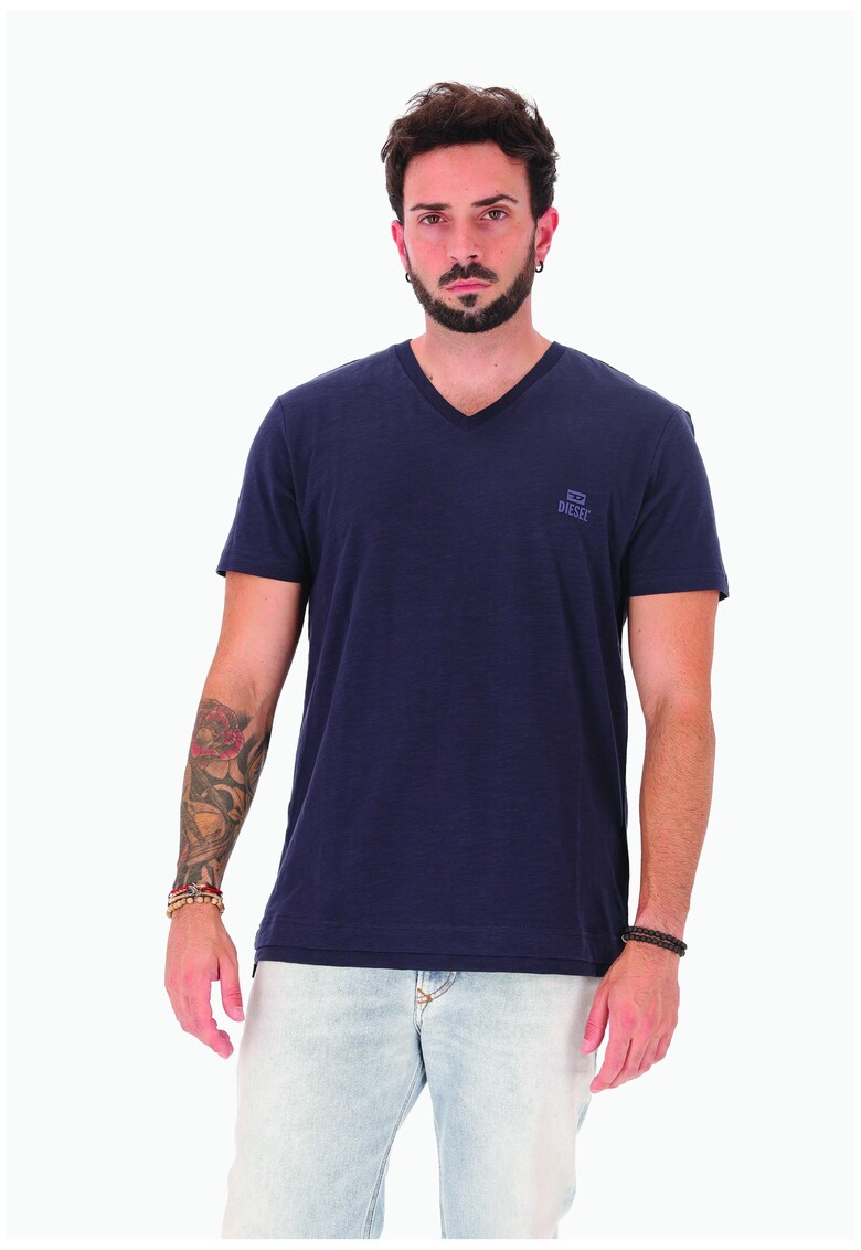 Tricou cu decolteu in V si logo discret - Albastru