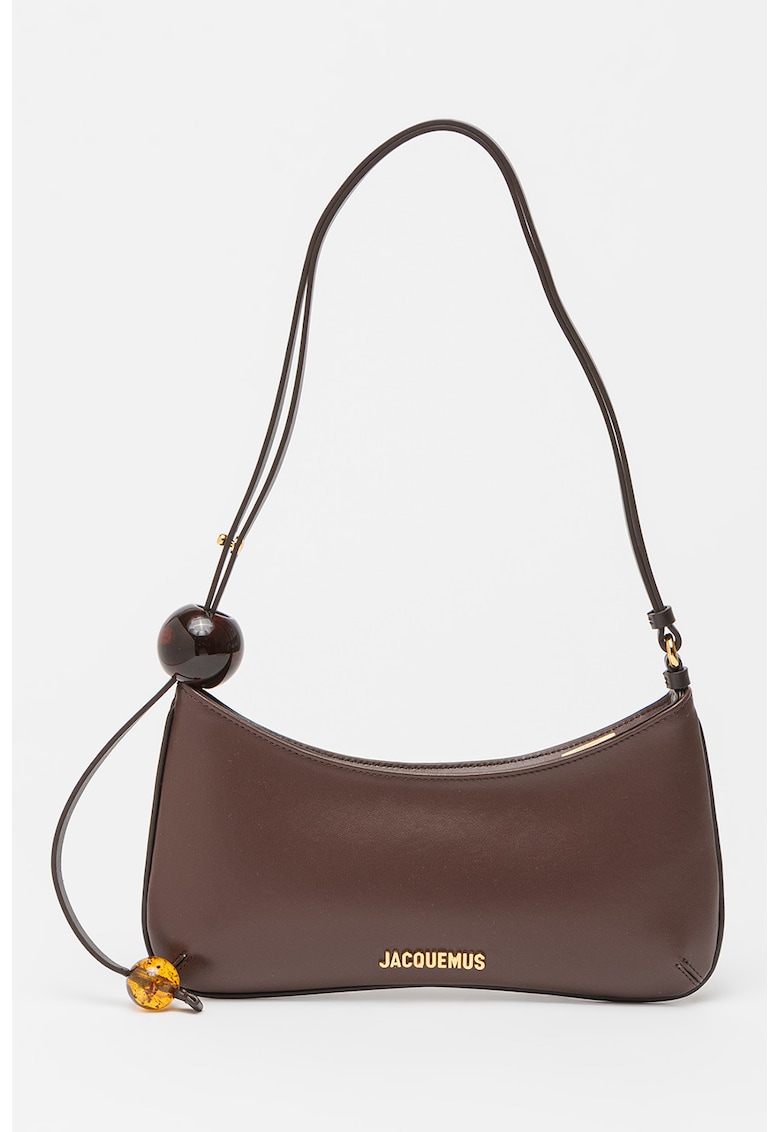 Geanta din piele cu bareta de umar si aplicatie cu logo metalic Bisou - Maro inchis